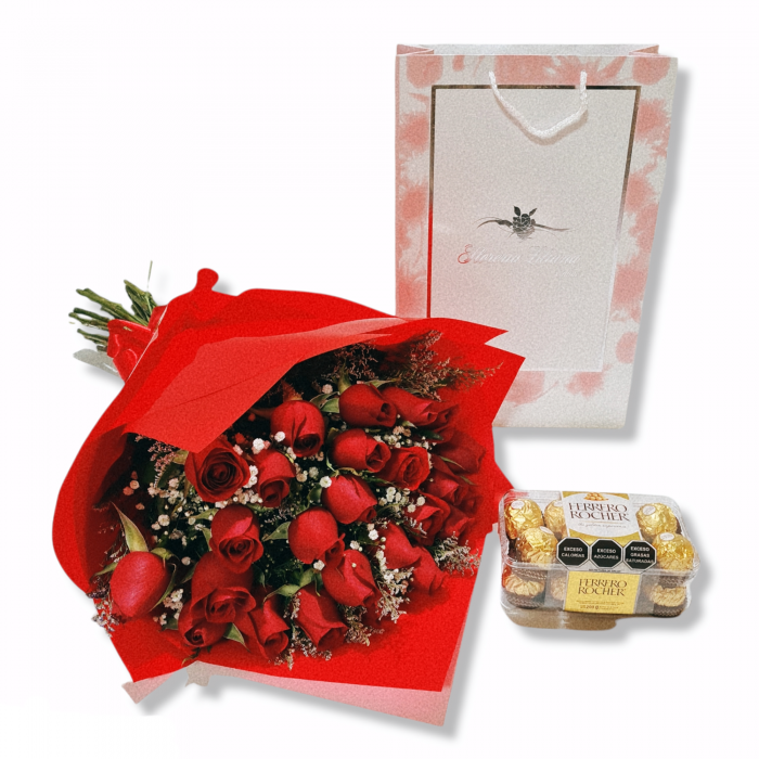 Bouquet de 24 rosas con caja de chocolates ferrero