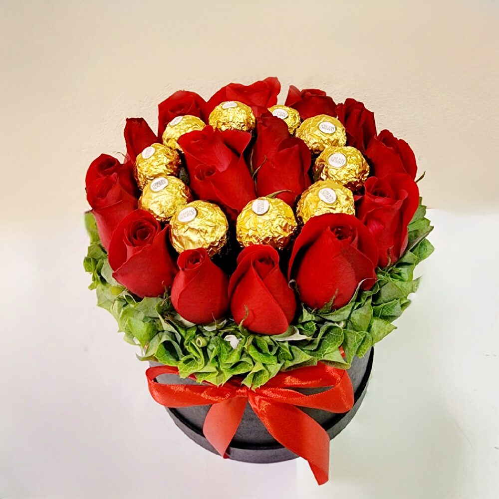 rosas en caja con chocolates