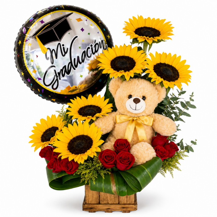 Arreglo de girasoles rosas rojas y globo con oso de peluche regalos para graduacion cdmx
