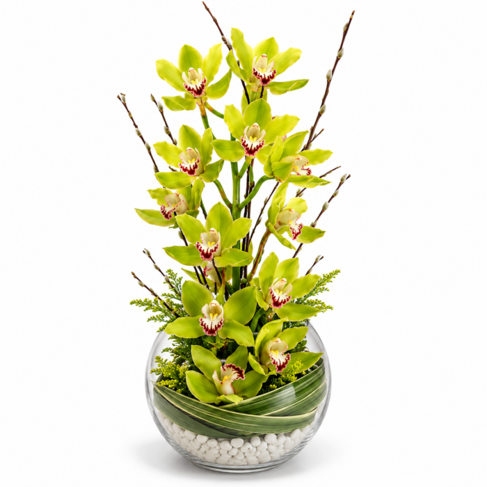 Arreglo de orquídea en esfera de cristal