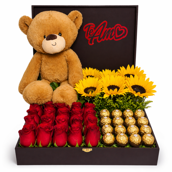 Arreglos de rosas girasoles chocolates y oso