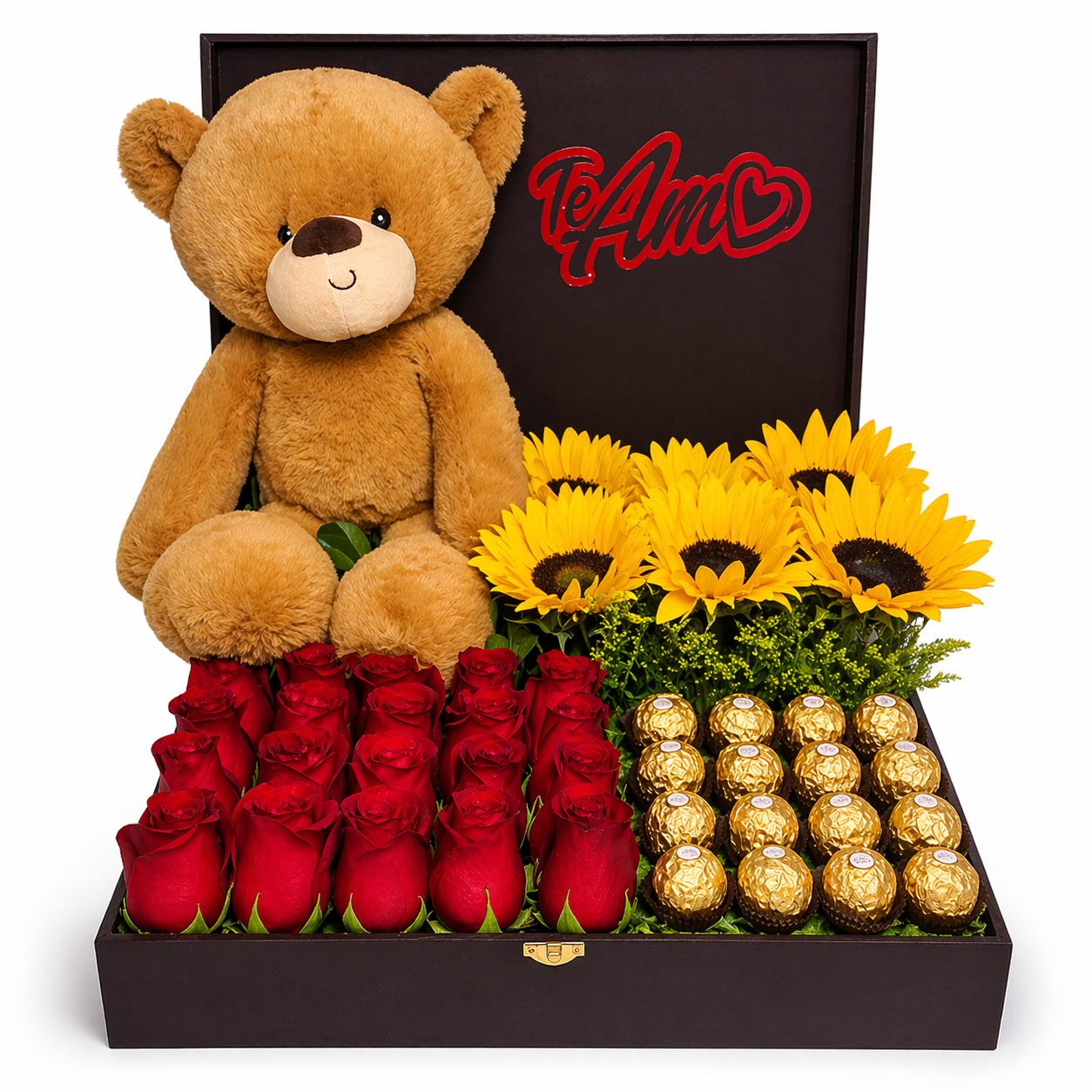 Caja de flores de Rosas Girasoles Chocolates y Peluche 1 Arreglos de rosas girasoles chocolates y oso