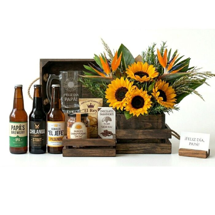 Caja Regalo para Hombre con Cervezas, Botanas y Girasoles