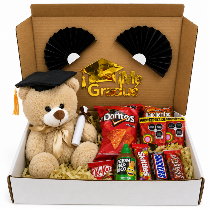 Caja de regalo con dulces snacks y oso de peluche con birrete regalos para graduacion cdmx