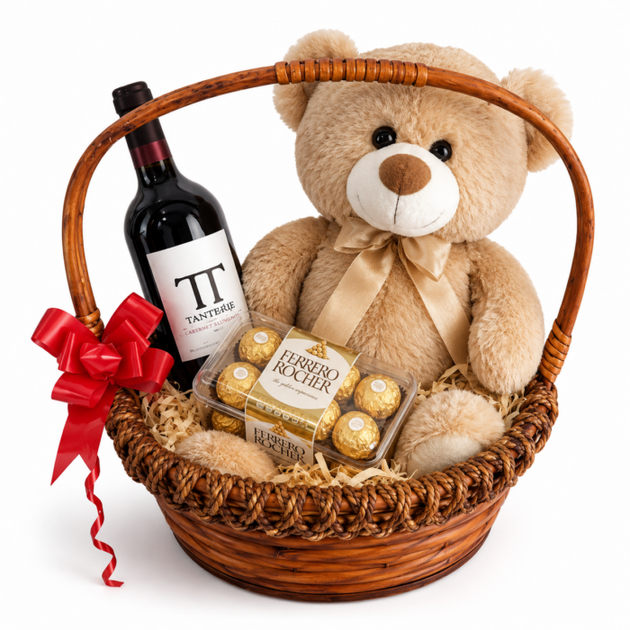 Canasta de regalos para novio con vino