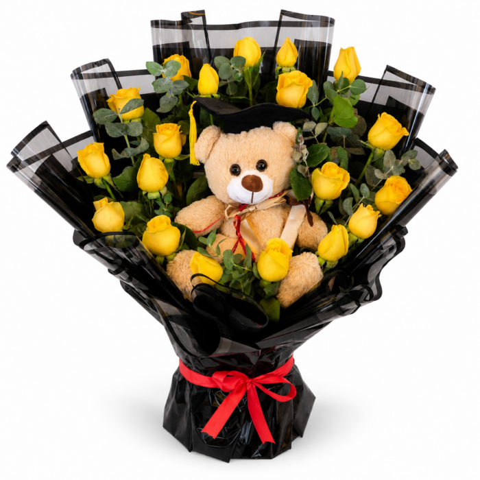 Ramo de 24 rosas amarillas con oso de peluche con birrete regalos para graduacion cdmx