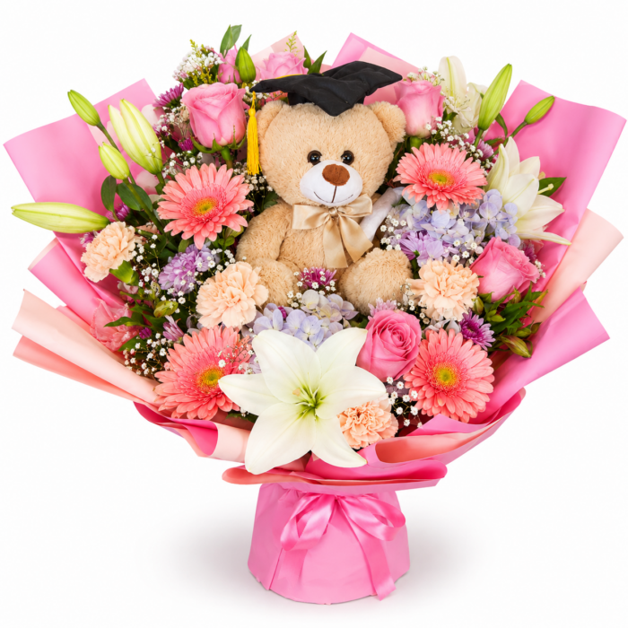 Ramo de flores mixtas con gerberas lirios y oso de peluche regalos para graduacion cdmx