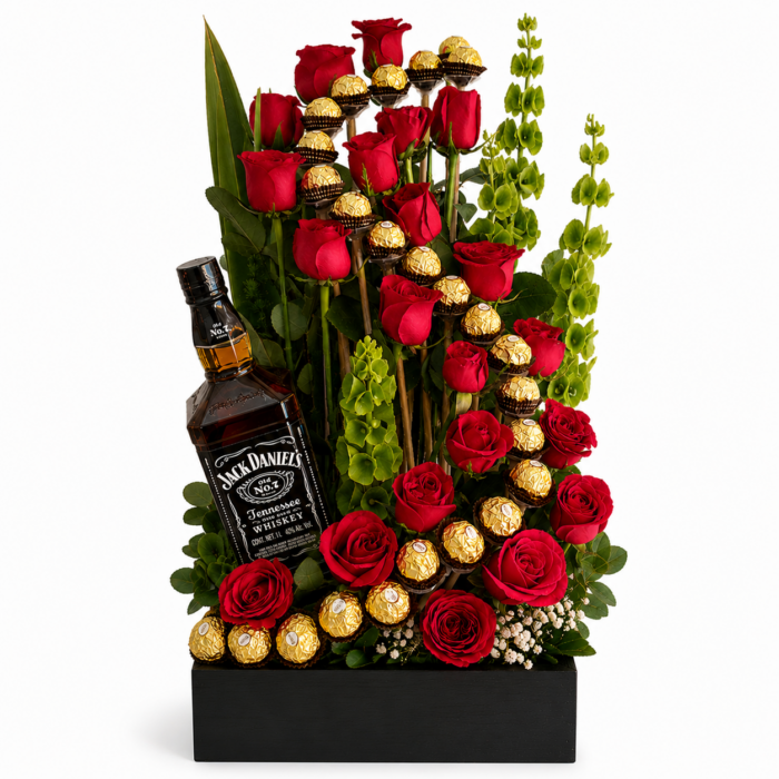 Regalos para Hombres rosas chocolates y wiskey