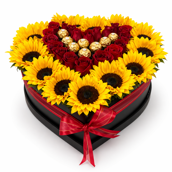 arreglo de girasoles y rosas en forma de corazon