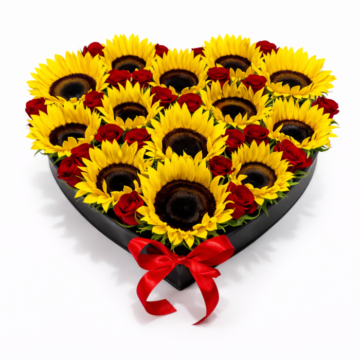 arreglo de girasoles y rosas en forma de corazon