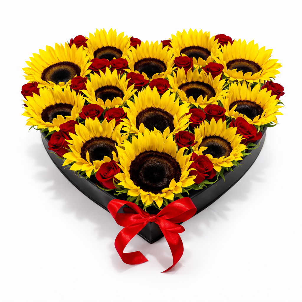 Caja de flores con girasoles 1 arreglo de girasoles y rosas en forma de corazon