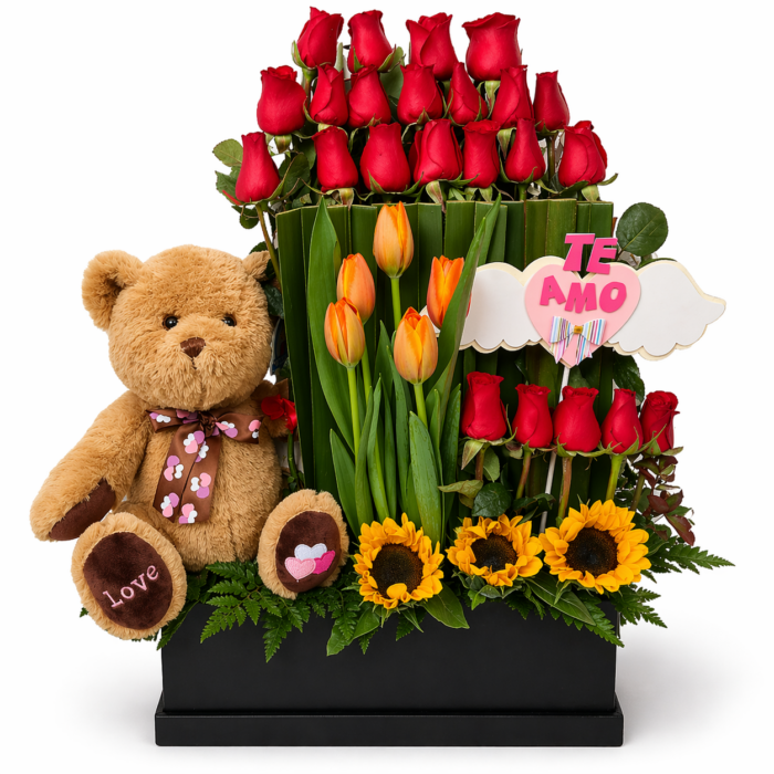 arreglo de rosas tulipanes y girasoles