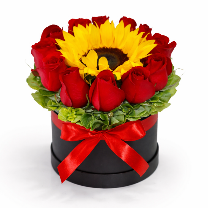arreglo de rosas y girasol