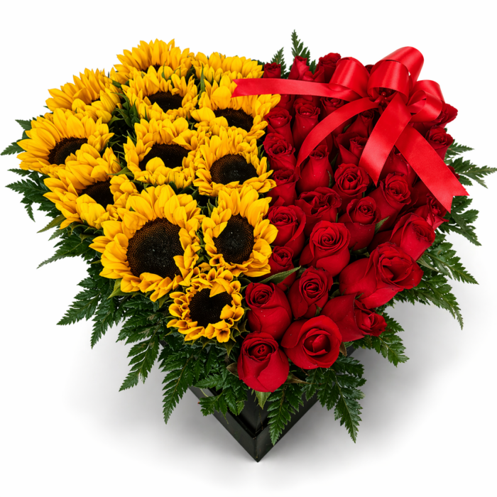 arreglo de rosas y girasoles