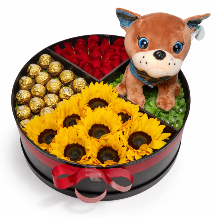 arreglo floral de girasoles rosas y chocolates
