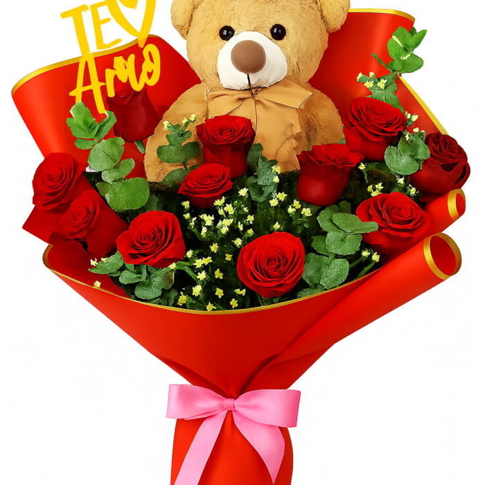Bouquet San Valentín con Peluche y Pin "Te Amo"