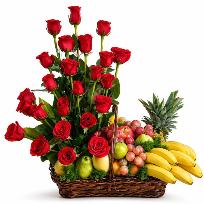 arreglos frutales con rosas