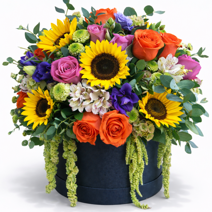 caja de girasoles y rosas
