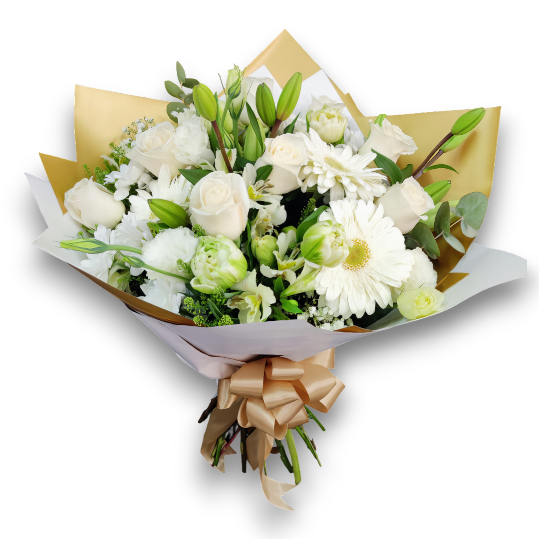Elegancia Alba: Ramo Premium de Flores Blancas y Doradas 1 Elegancia Alba: Ramo Premium de Flores Blancas y Doradas