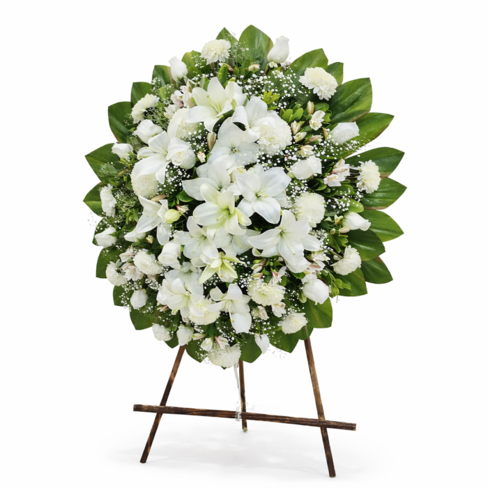corona funebre de rosas crisantemos y lilis