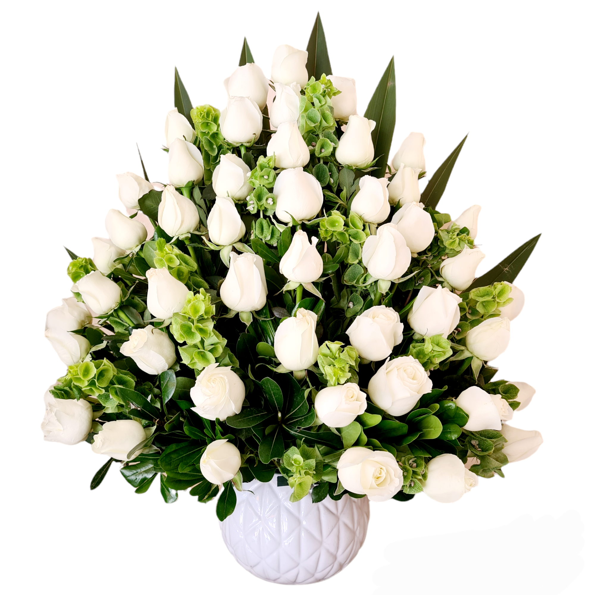 Arreglo floral funerario de rosas blancas 48 piezas 1 Arreglo floral funerario de rosas blancas 48 piezas